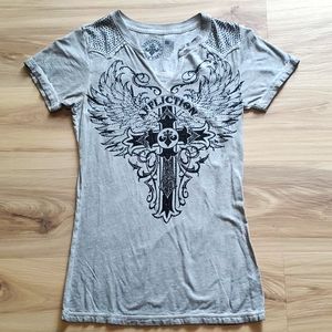 Affliction tshirt. Grayish black wash with black rhinestones. Size S.